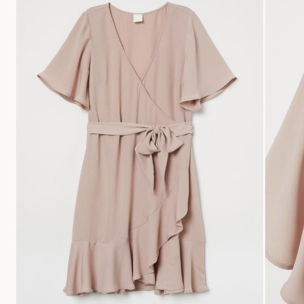 H&M Powder Pink Wrap Dress Tie Waist Butterfly Sleeves Flounce Detail